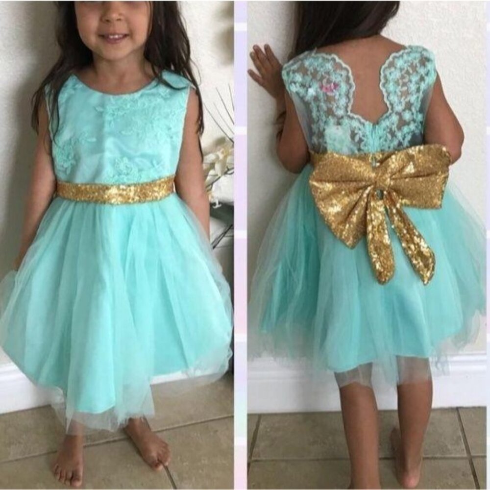 Aqua Lace & Tulle Flower Girl Dress With Gold Sequin Bow sz 110 3/4 Formal Wear